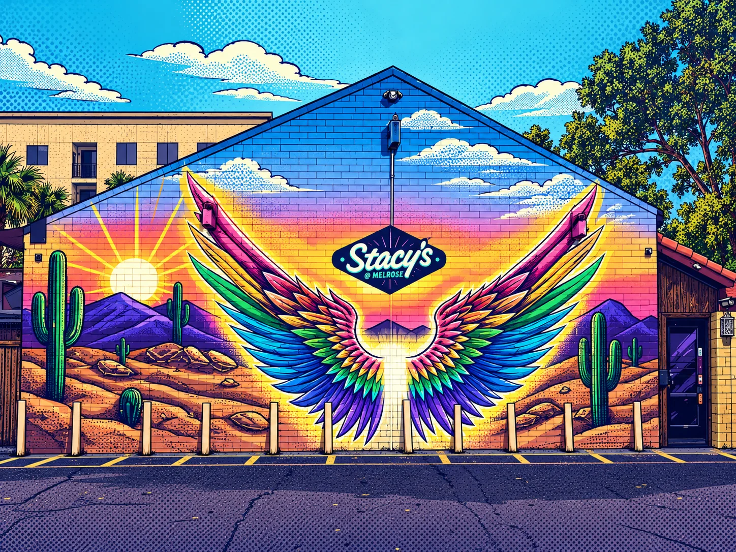 Comic-book illustration of Stacy’s at Melrose with its rainbow wings, desert mural, and peaked brick facade.